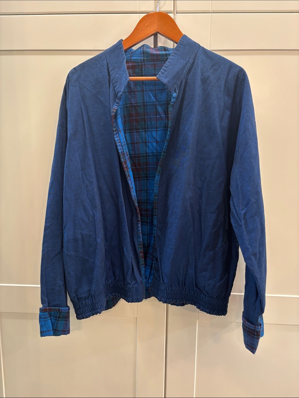 Reversible Blue Casual Bomber Jacket with Plaid Lining - Picture 2 of 3
